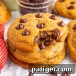A stack of copycat Mrs. Fields chocolate chip cookies with one cookie bitten to reveal the gooey chocolate chips inside.