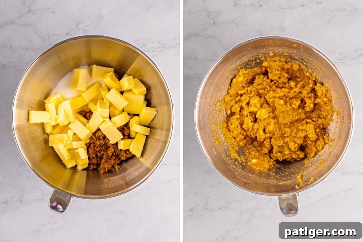 A two-part image showcasing the process of making Mrs. Fields chocolate chip cookies: cubed butter and brown sugar in a mixing bowl on the left, and the creamy, blended mixture on the right.