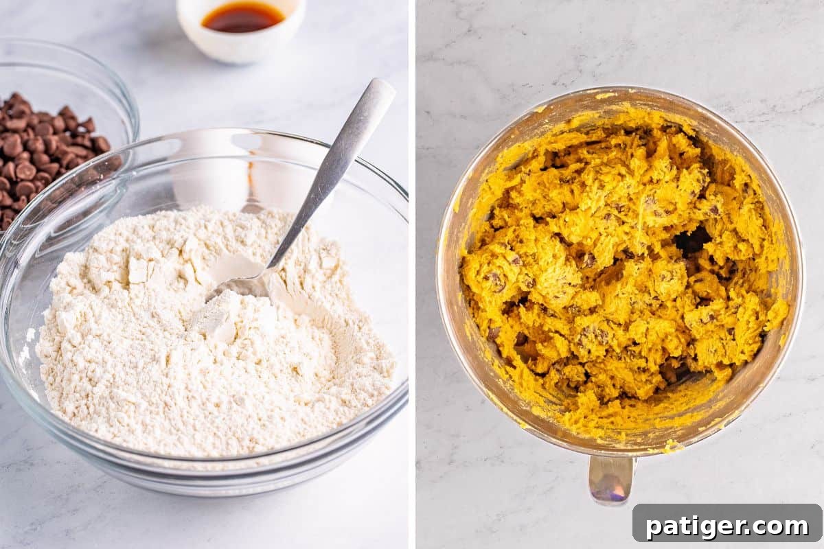 A two-part image showing the steps of making Mrs. Fields copycat chocolate chip cookies: dry ingredients mixed in a bowl with chocolate chips and vanilla in the background, and a bowl of thick cookie dough ready for baking.