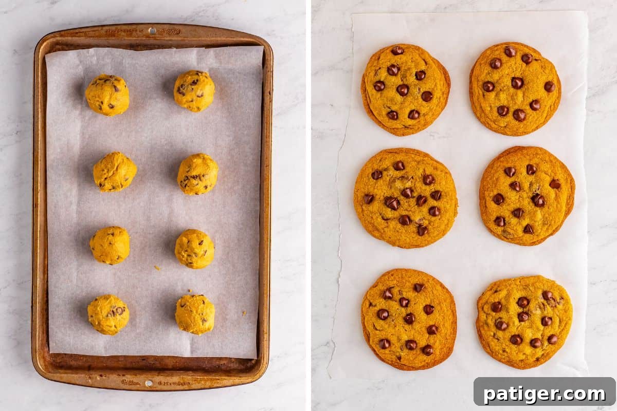 A two-part image displaying cookie dough balls arranged on a baking sheet before baking, and the final baked Mrs. Fields chocolate chip cookies with golden edges and melted chocolate chips.