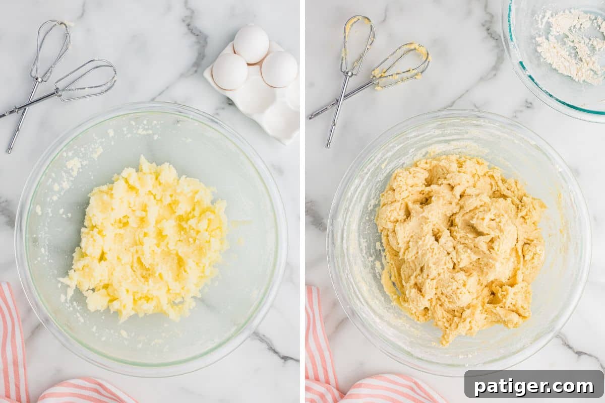 Classic Italian Ricotta Cookies 5 A split image showing ricotta cookie dough in progress. On the left, a glass bowl contains creamed butter and sugar, surrounded by cracked eggs and beaters. On the right, the fully mixed ricotta cookie dough sits in the bowl, with beaters coated in dough nearby.