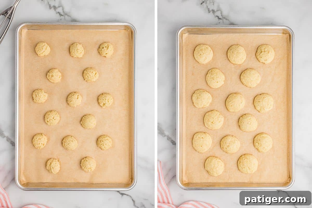 Classic Italian Ricotta Cookies 6 Side by side images of ricotta cookies on baking sheets lined with parchment paper. On the left, raw cookie dough balls are evenly spaced before baking. On the right, the cookies are baked to a soft, golden finish, retaining their round shape and smooth texture.