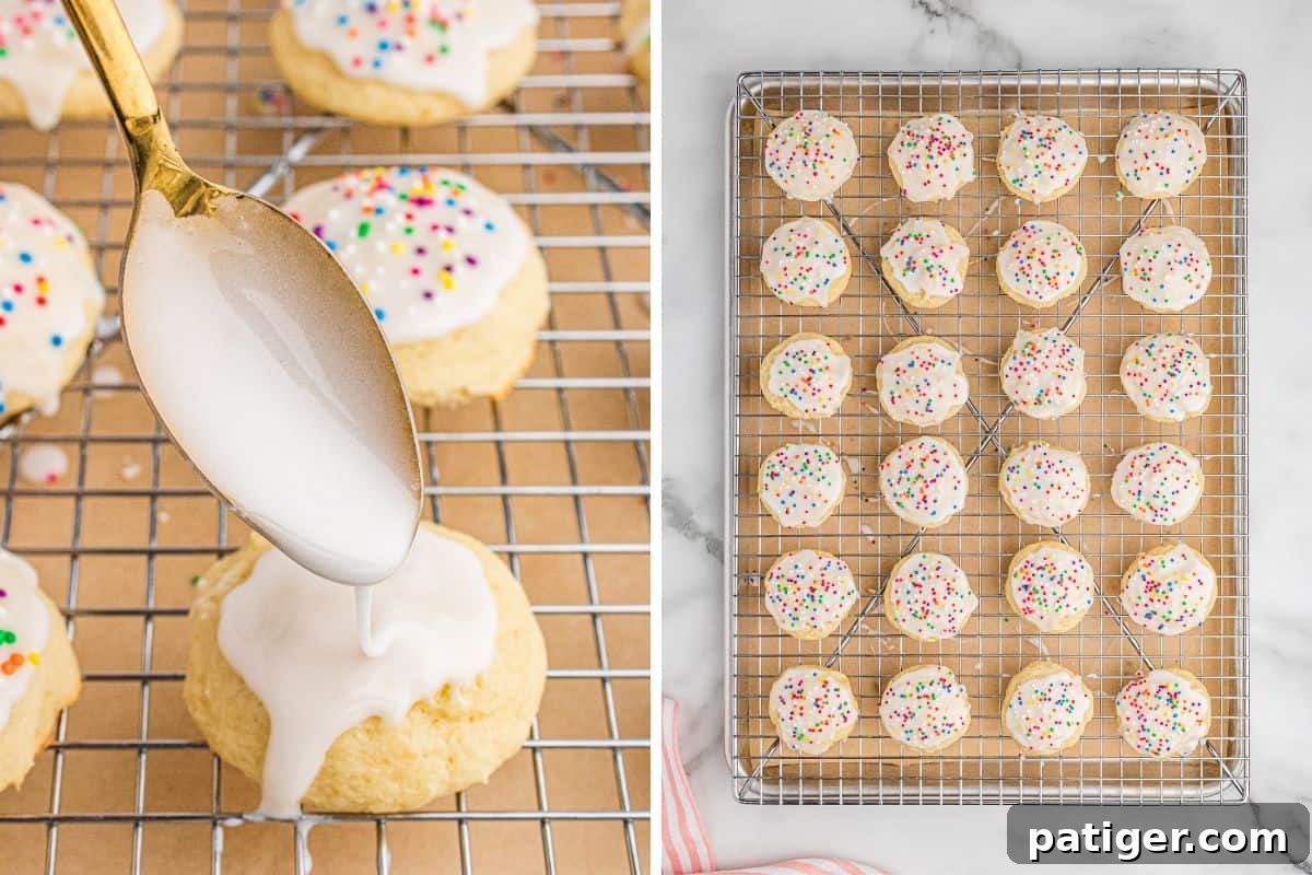 Classic Italian Ricotta Cookies 7 A split image of freshly baked Italian ricotta cookies. On the left, a spoon drizzles white icing onto a soft, golden cookie topped with colorful sprinkles on a cooling rack. On the right, a full tray of cookies with icing and rainbow sprinkles sits neatly arranged on a wire rack over parchment paper.
