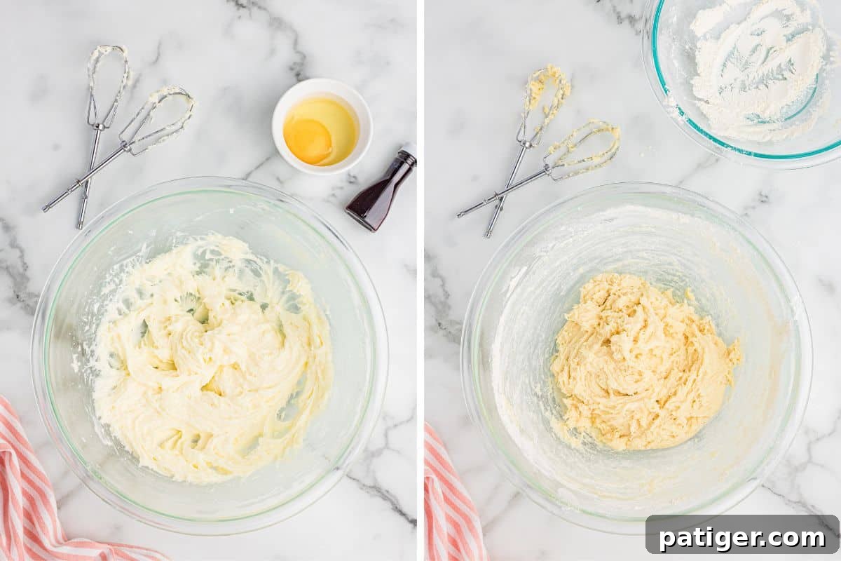 Velvety Cream Cheese Bites 4 Collage showing the a large bowl with cream cheese cookie dough in different stages: the first shows creamed butter and cream cheese, and the second shows the completed dough with added flour.