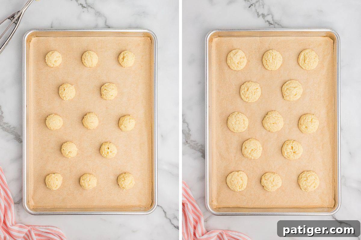 Velvety Cream Cheese Bites 5 Two image collage of baking trays lined with parchment paper; one shows evenly spaced dough scoops, the other shows the baked cookies.