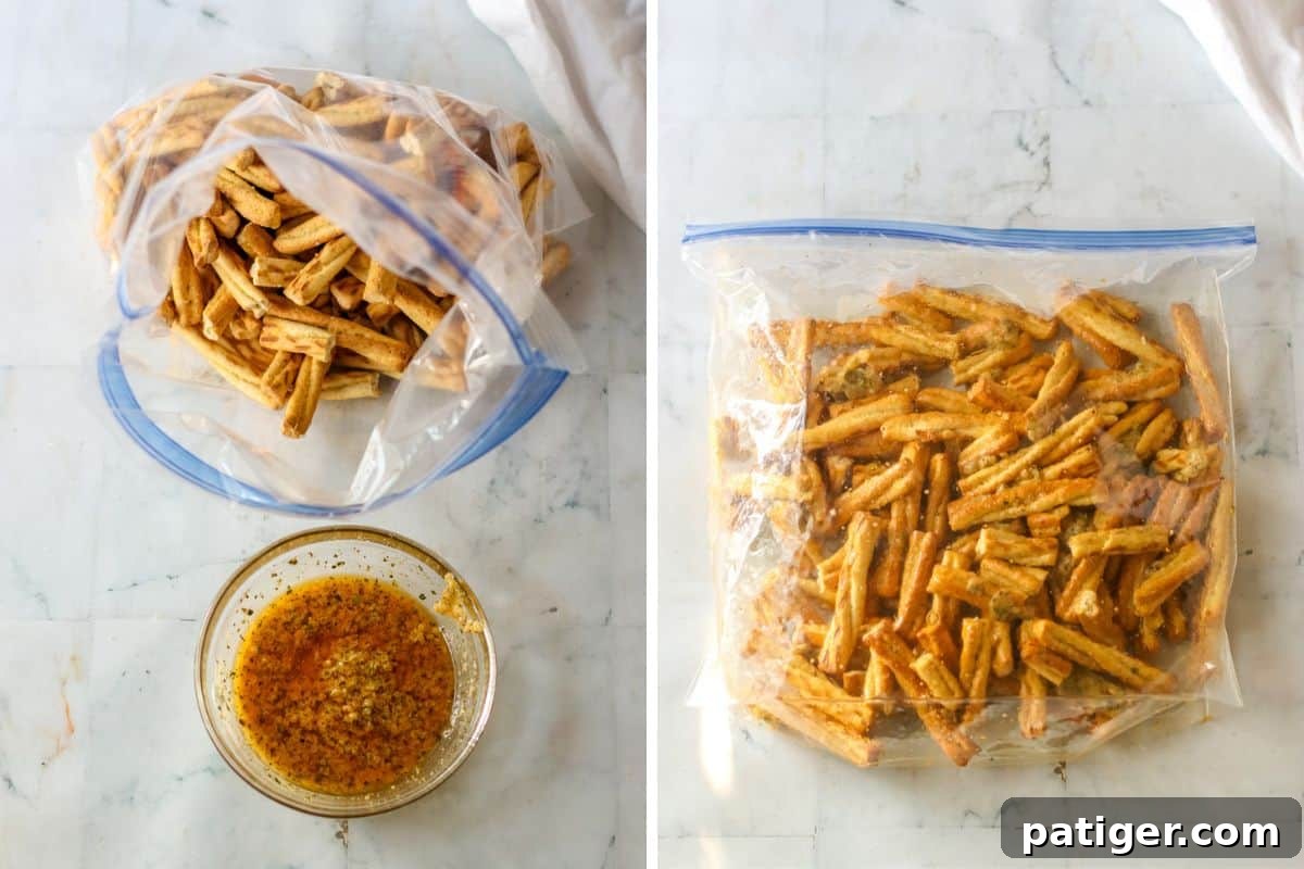 A two-panel collage showing the process of making seasoned pretzels. The left image features plain pretzel sticks in a clear plastic bag alongside a small glass bowl of melted butter and seasoning. The right image shows the same bag, now with the pretzels thoroughly coated in the savory seasoning mix, ready for baking.