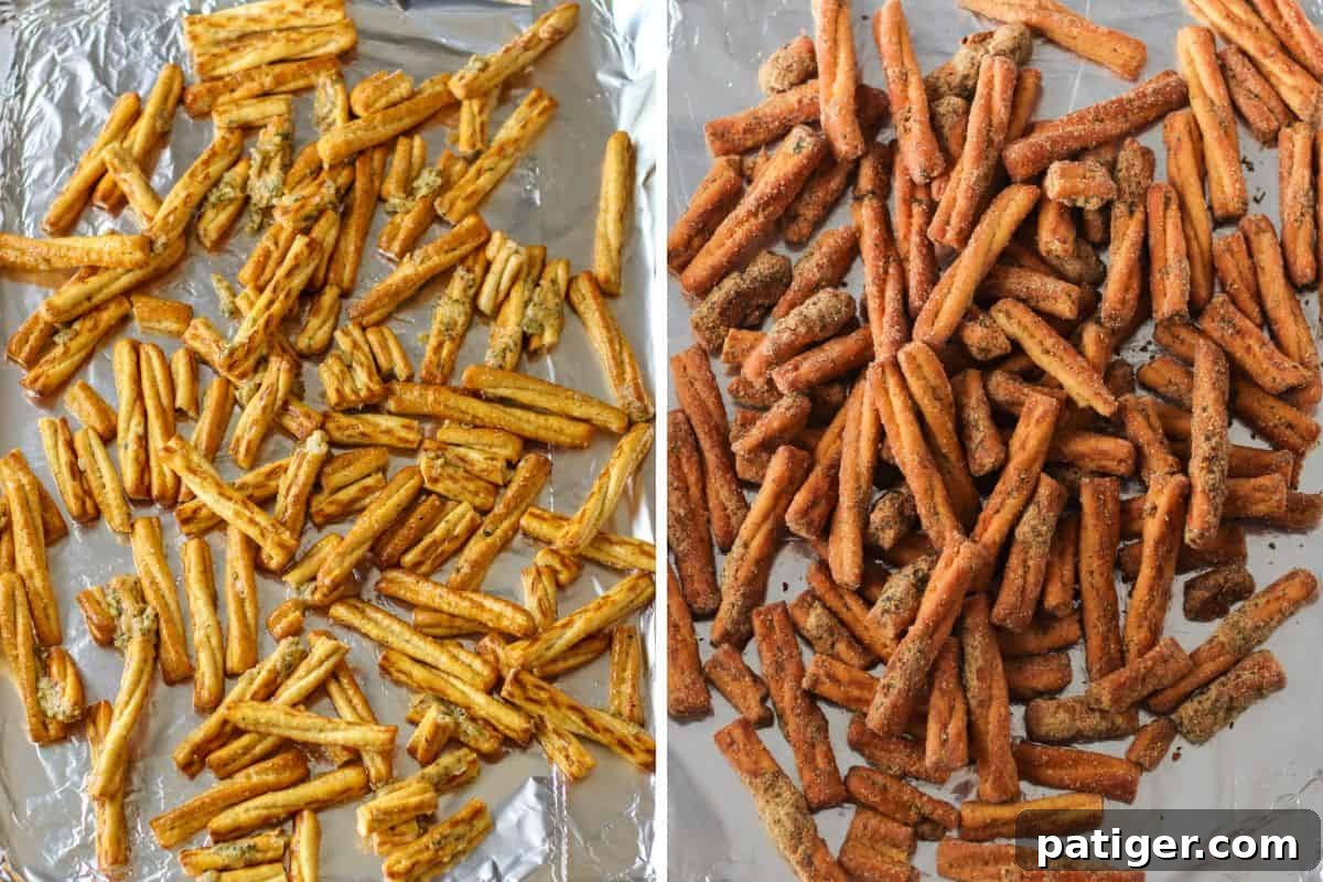 A side-by-side comparison on two foil-lined baking sheets: the left shows lightly coated seasoned pretzel sticks before baking, and the right displays the same pretzels after baking, appearing golden-brown and perfectly toasted.