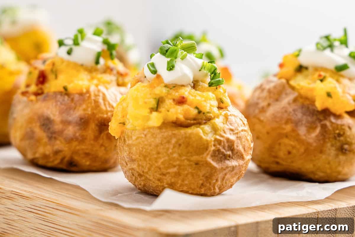 Loaded Potato Bites 11 A beautifully presented wooden board showcasing mini loaded baked potatoes, generously topped with sour cream, crispy bacon, rich cheddar cheese, and fresh chives, ready to be devoured as an exquisite appetizer.