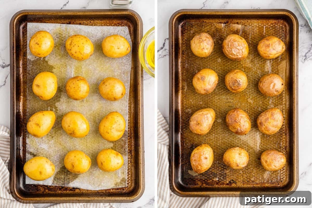 Loaded Potato Bites 5 Side-by-side images showing mini potatoes on a parchment-lined baking sheet before roasting, meticulously coated with olive oil and salt, and then after roasting with beautifully golden, crispy skins, ready for the next step.