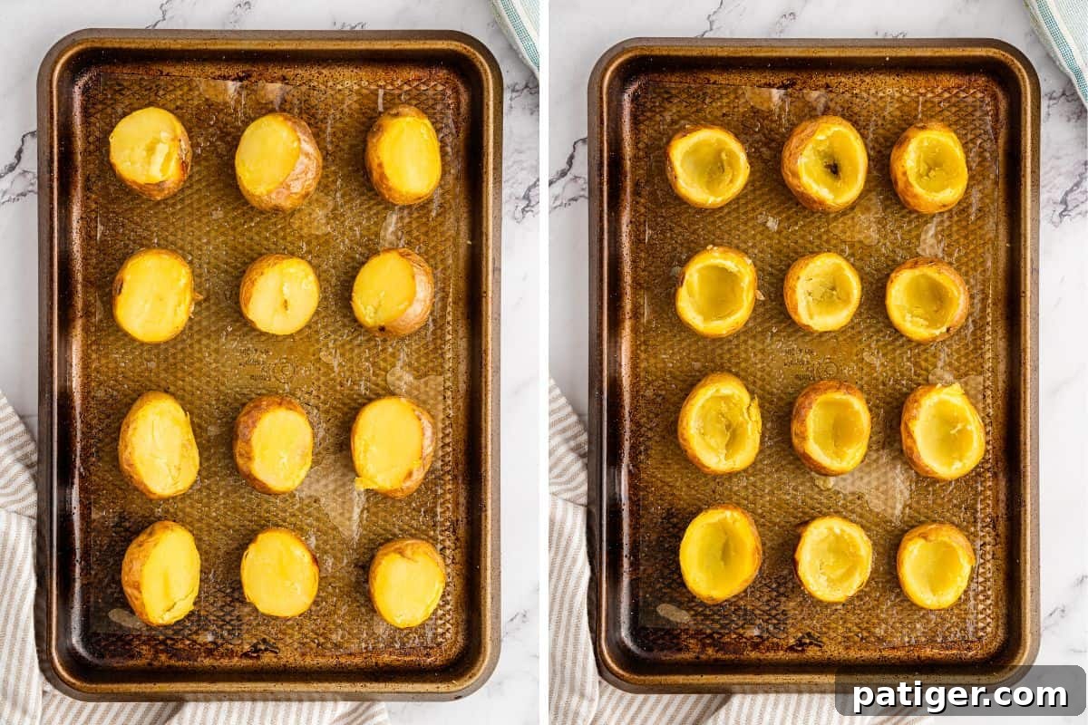 Loaded Potato Bites 6 Side-by-side images of roasted mini potatoes on a baking sheet, first illustrating how to slice off their tops, and then showing the expertly scooped-out interiors, creating perfect hollow shells ready for a delicious filling.