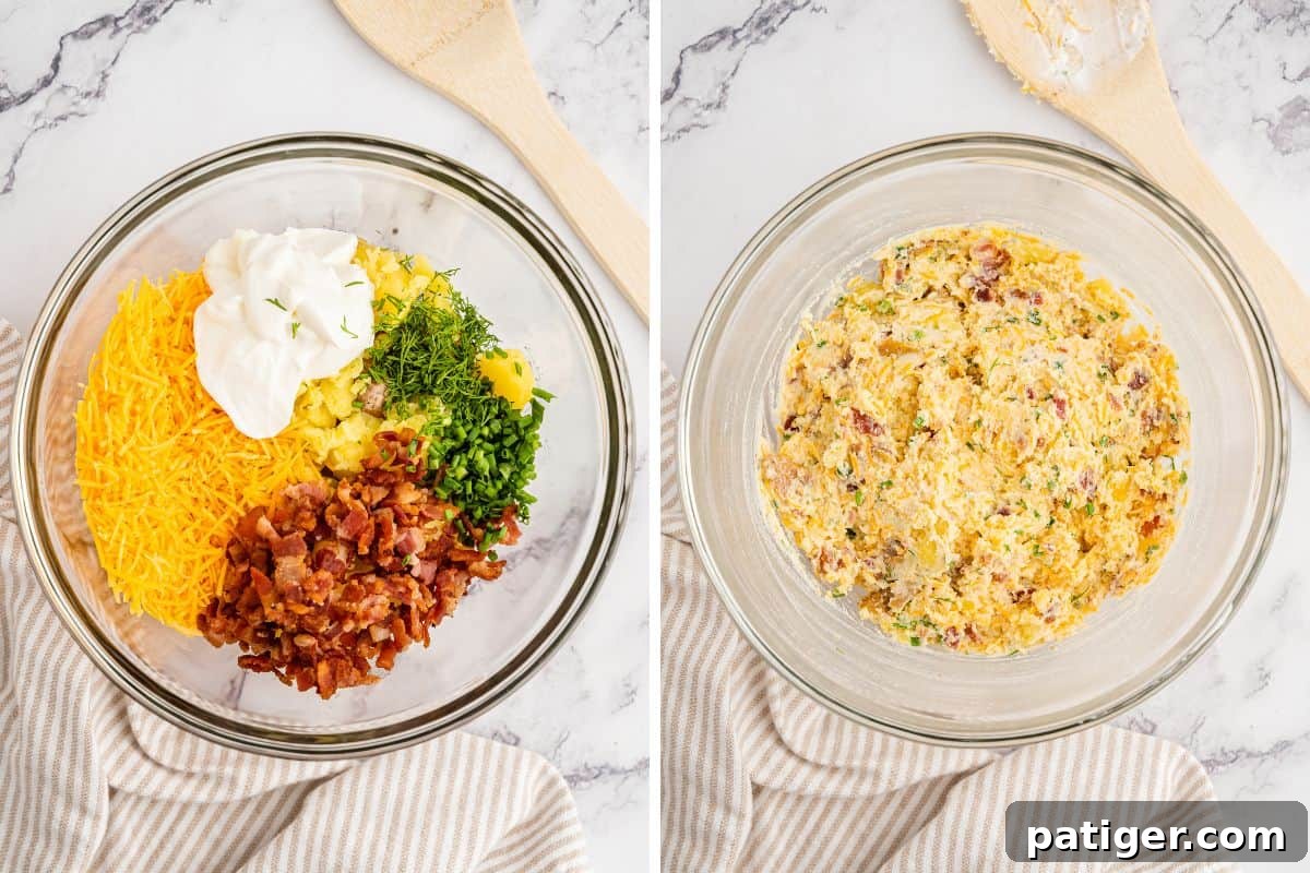 Loaded Potato Bites 7 Side-by-side images showcasing the preparation of the filling for mini loaded baked potatoes. On the left, a mixing bowl holds mashed potato, crispy bacon, shredded cheddar, creamy sour cream, fresh chives, and dill. On the right, the ingredients are fully combined into a rich, creamy mixture.