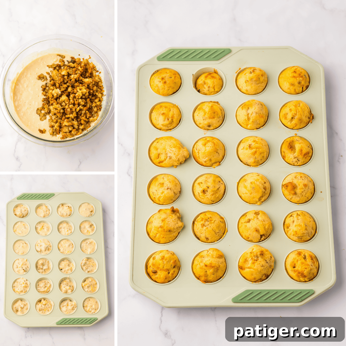  A three-image collage illustrating the steps of making sausage pancake muffins. The top left image shows a glass bowl with pancake batter and crumbled sausage. The bottom left image features a mini muffin tin filled with raw batter. The right image showcases the baked muffins, golden and fluffy, in the same muffin tin.