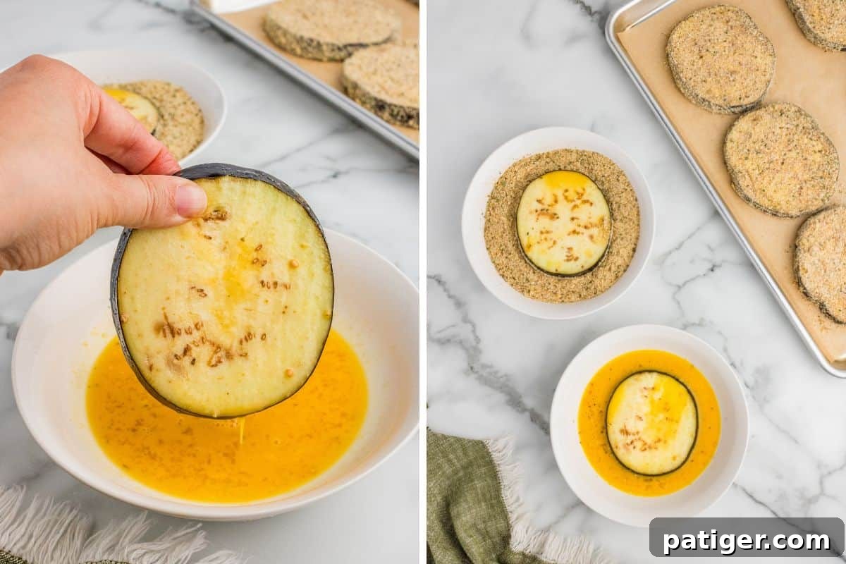 2 image collage. Left side shows a hand holding a raw eggplant slice dripping with beaten egg above a white bowl. Right side shows an eggplant slice being coated in breadcrumbs next to a tray of breaded slices and bowls of egg wash and breadcrumbs.