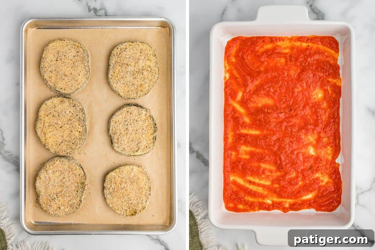 2 image collage. Left side shows six slices of breaded eggplant arranged on a parchment-lined baking sheet. Right side shows a white baking dish with a base layer of marinara sauce spread evenly.