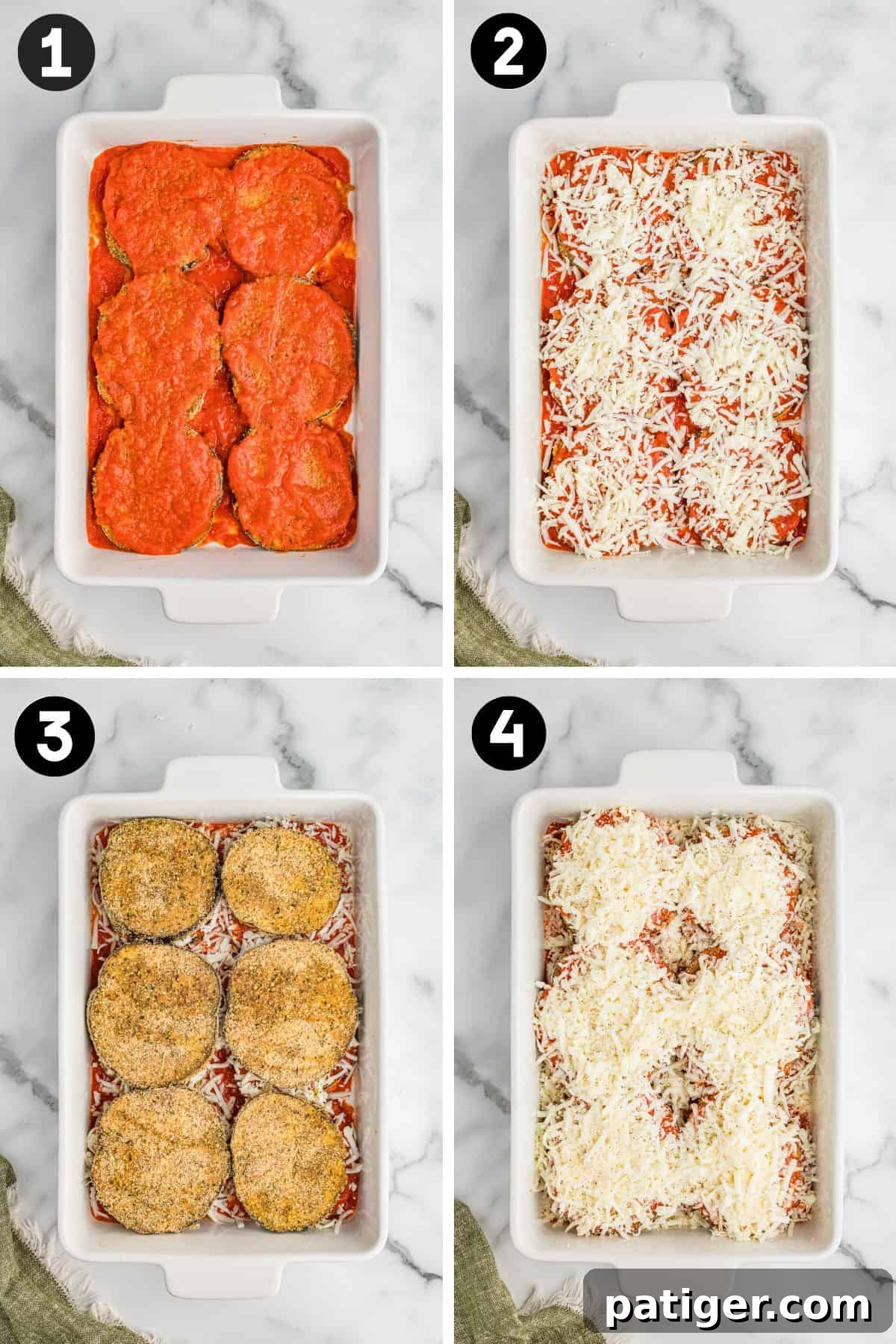 Four-step collage showing the layering process for eggplant Parmesan: baked eggplant slices topped with marinara sauce, then mozzarella cheese, then repeating the layers to create a multi-layered casserole.