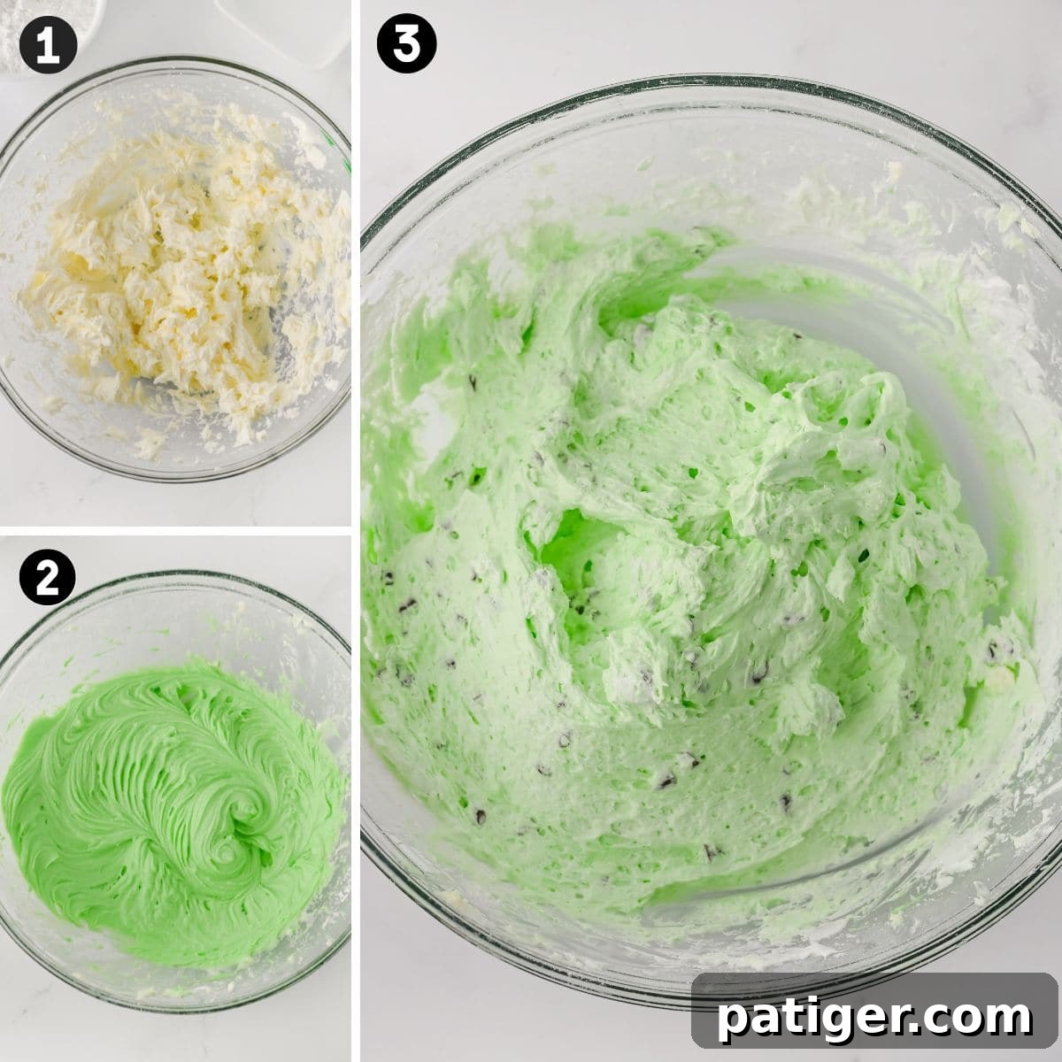 Three-step process in making mint chocolate chip dip in a glass mixing bowl, showing progression from whipped cream cheese to green mint mixture with chocolate chips.