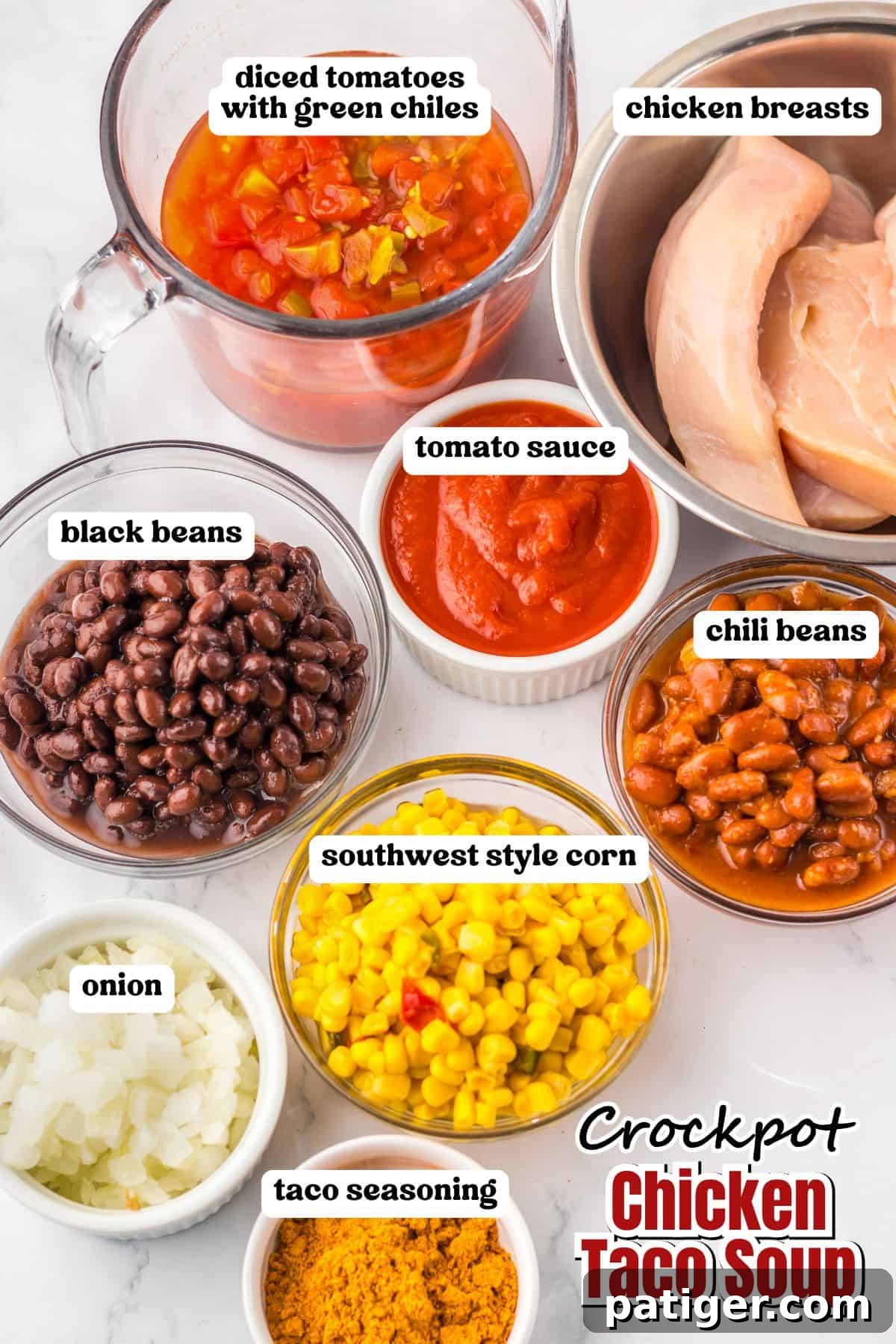 An overhead view of labeled ingredients for a crockpot chicken taco soup recipe, including: diced tomatoes with green chiles, chicken breasts, tomato sauce, black beans, chili beans, southwest-style corn, diced onions, and taco seasoning.