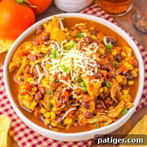 A bowl of chicken taco soup recipe topped with shredded cheese and green onions, surrounded by tortilla chips.