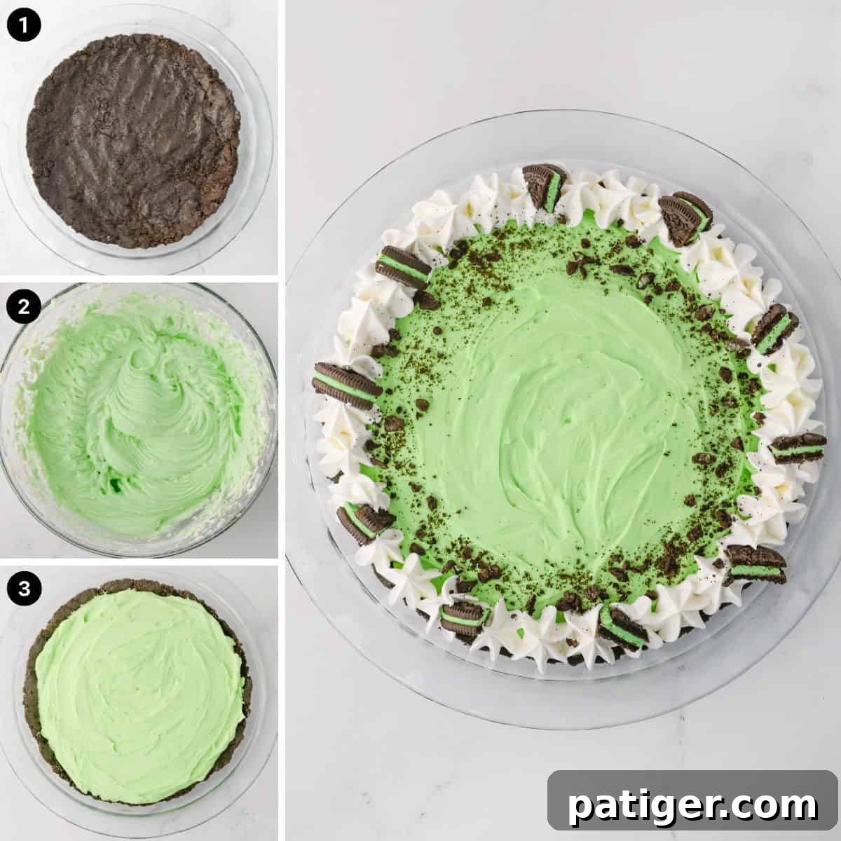 A four-panel collage illustrating the process of making a no-bake grasshopper pie: the first image shows crushed chocolate cookie crumbs, the second shows the light green, whipped mint filling, the third shows the filling being smoothly spread into the cookie crust, and the final image displays the fully decorated pie with whipped cream, cookie crumbs, and Mint Oreo pieces.