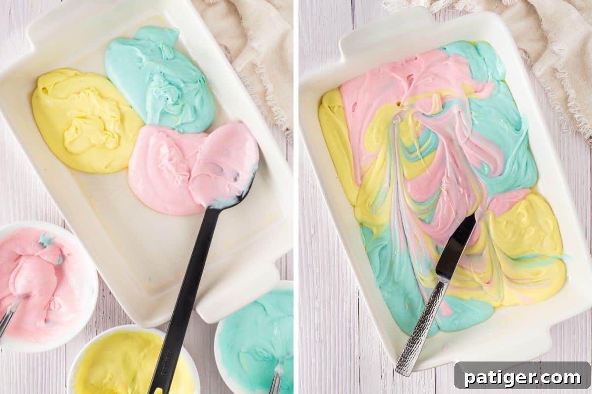 Two image collage of preparing a pastel Easter cake. The left side shows dollops of pink, blue, and yellow batter in a white baking dish, while the right side shows the batter swirled together with a butter knife.
