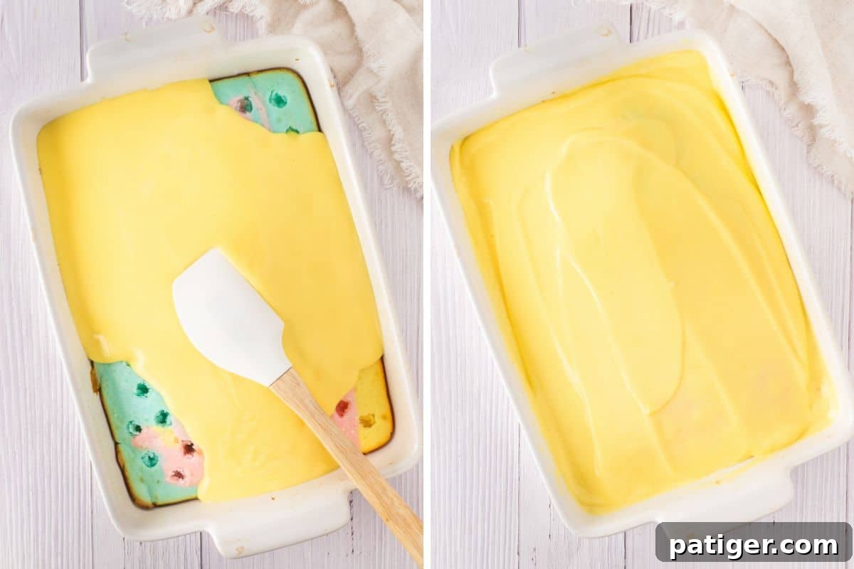 Two image collage of adding vanilla pudding to an Easter poke cake. The left side shows a spatula spreading yellow pudding over a cake with pink, blue, and green holes. The right side shows the cake fully covered in a smooth layer of pudding.