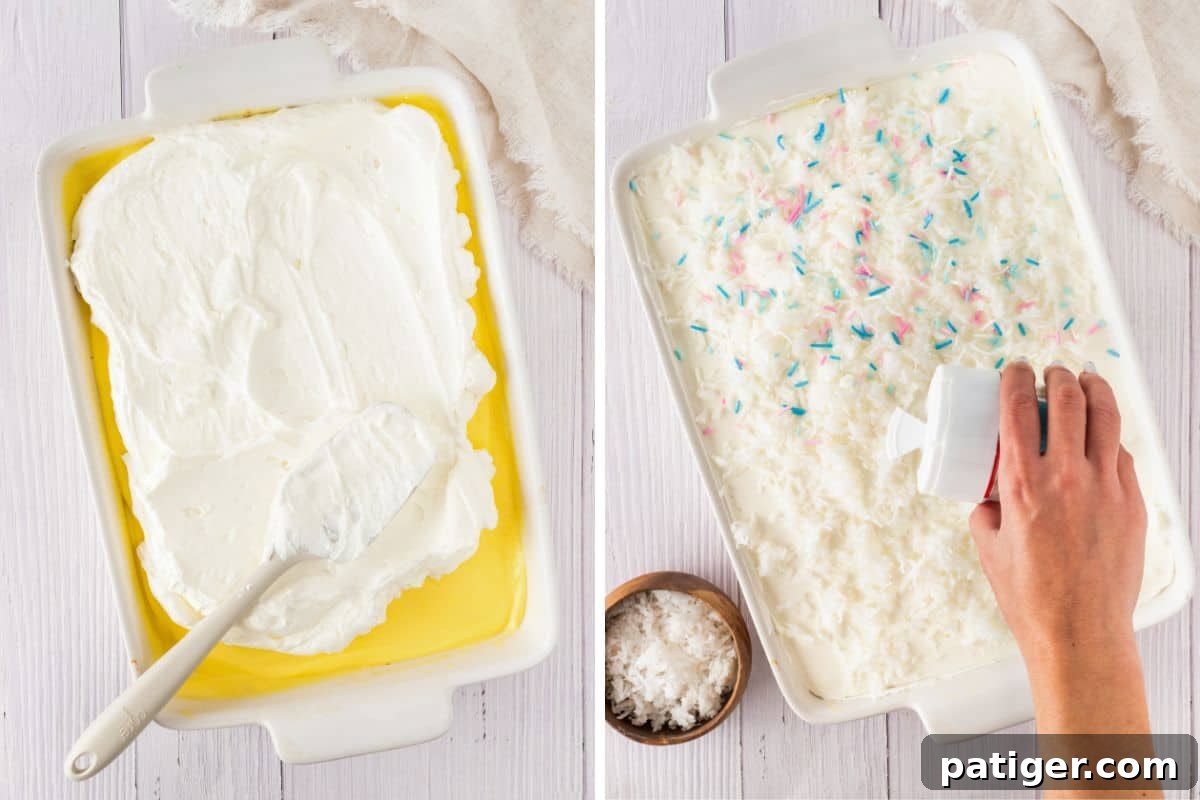 A two-step process of frosting an Easter poke cake in a white baking dish. The left side shows white whipped topping being spread over yellow pudding. The right side shows shredded coconut and pastel sprinkles being added.