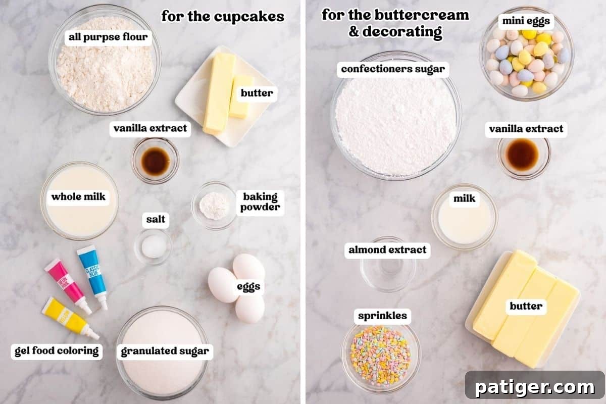 Hoppy Easter Cupcake Treats 4 Ingredients for cupcakes and frosting, divided into two sections. The left side shows labeled ingredients for cupcakes, including flour, sugar, eggs, butter, milk, baking powder, vanilla extract, salt, and blue, yellow, pink gel food coloring. The right side displays frosting ingredients: confectioners' sugar, butter, milk, vanilla extract, almond extract, sprinkles, and mini chocolate eggs.