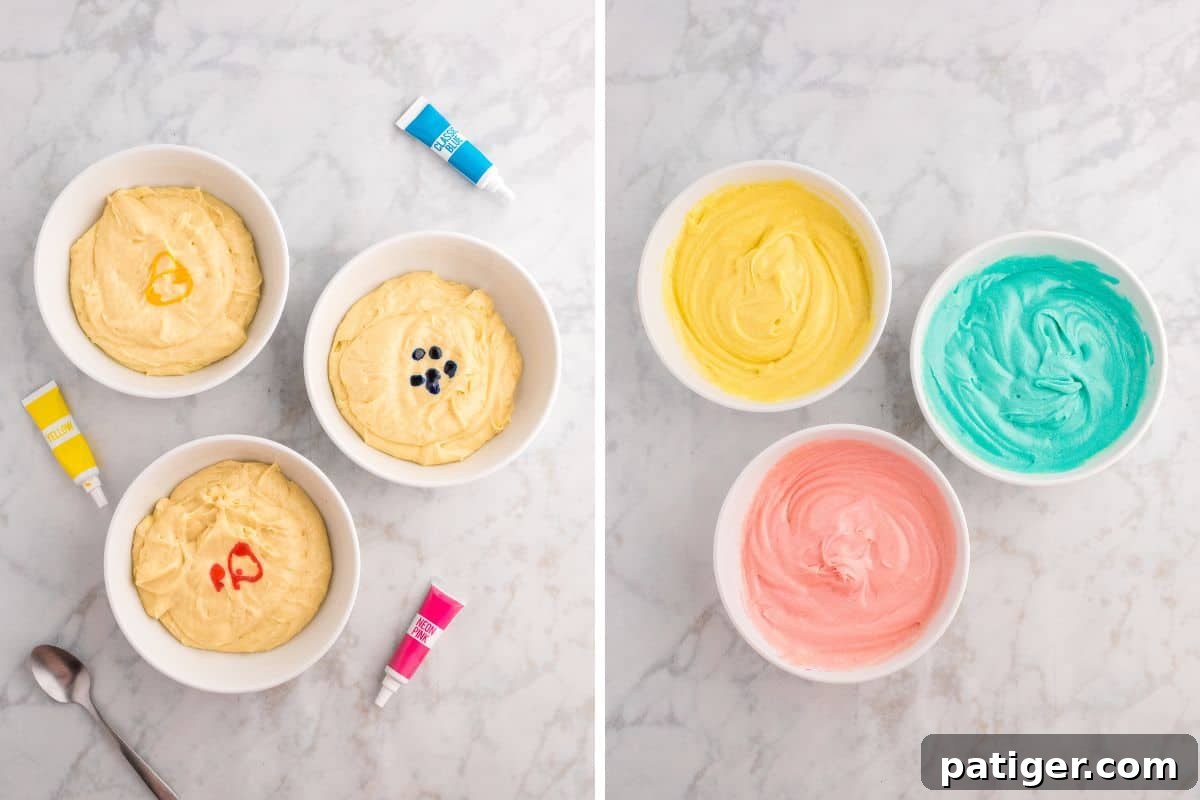 Hoppy Easter Cupcake Treats 5 Two images showing bowls of cupcake batter being colored. The left image shows three bowls of plain batter with drops of yellow, pink, and blue food coloring. The right image presents the mixed pastel batters in yellow, pink, and blue, ready to be used.