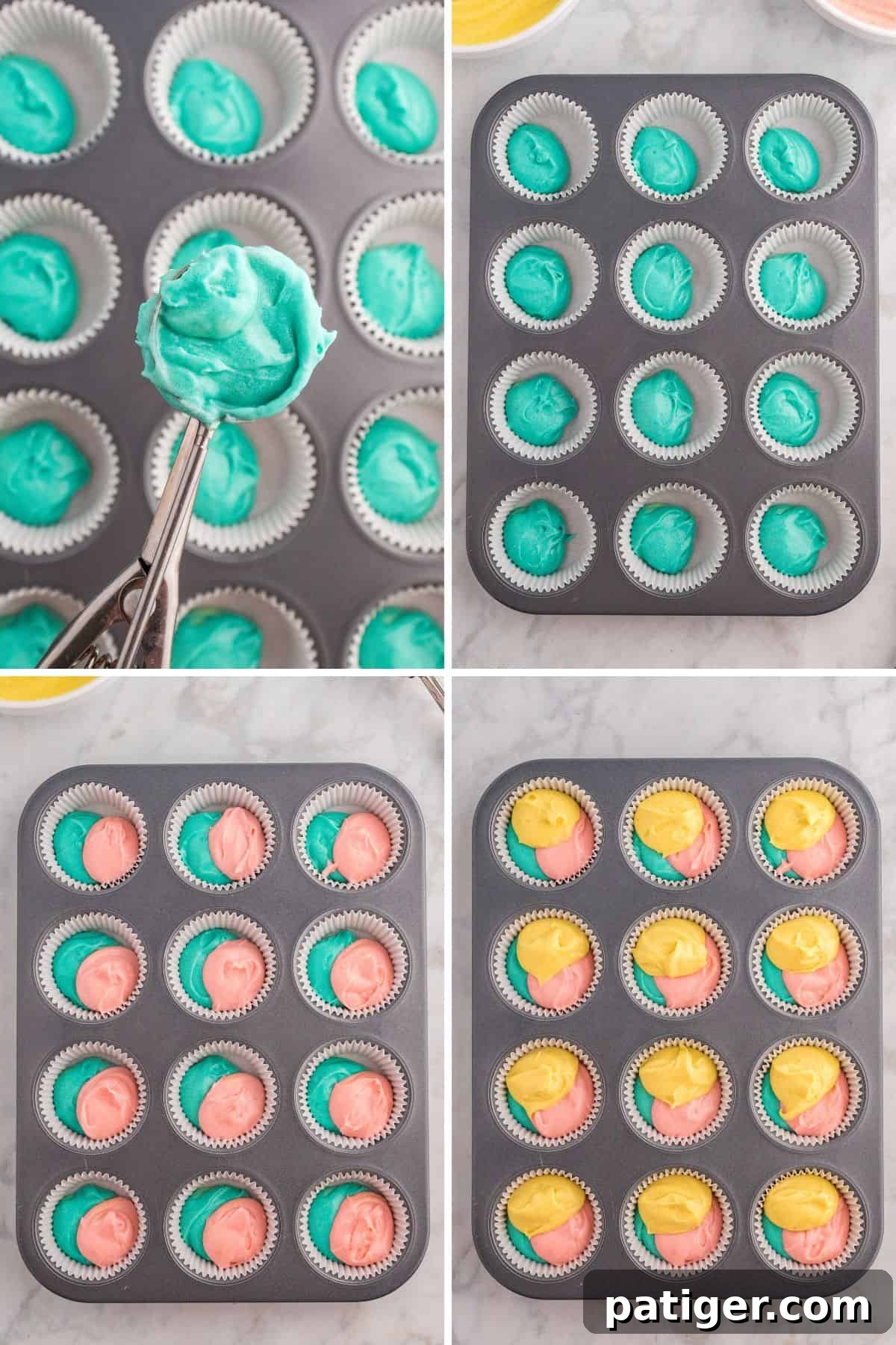 Hoppy Easter Cupcake Treats 6 Four images showing the process of filling cupcake liners in a muffin pan with colorful batter. The first shows a cookie scoop filled with bright blue batter. The second shows the blue batter in the bottom of the cupcake liners. The third shows pink batter being added alongside the blue. The final image features yellow batter completing the tri-color swirl effect.
