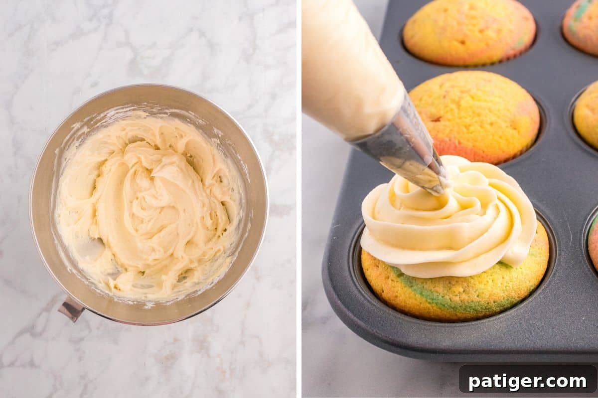 Hoppy Easter Cupcake Treats 8 Buttercream frosting preparation and piping onto a cupcake.