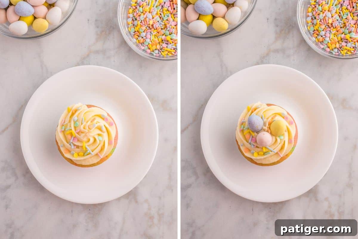 Hoppy Easter Cupcake Treats 9 A pastel swirl cupcake decorated with sprinkles and mini eggs.