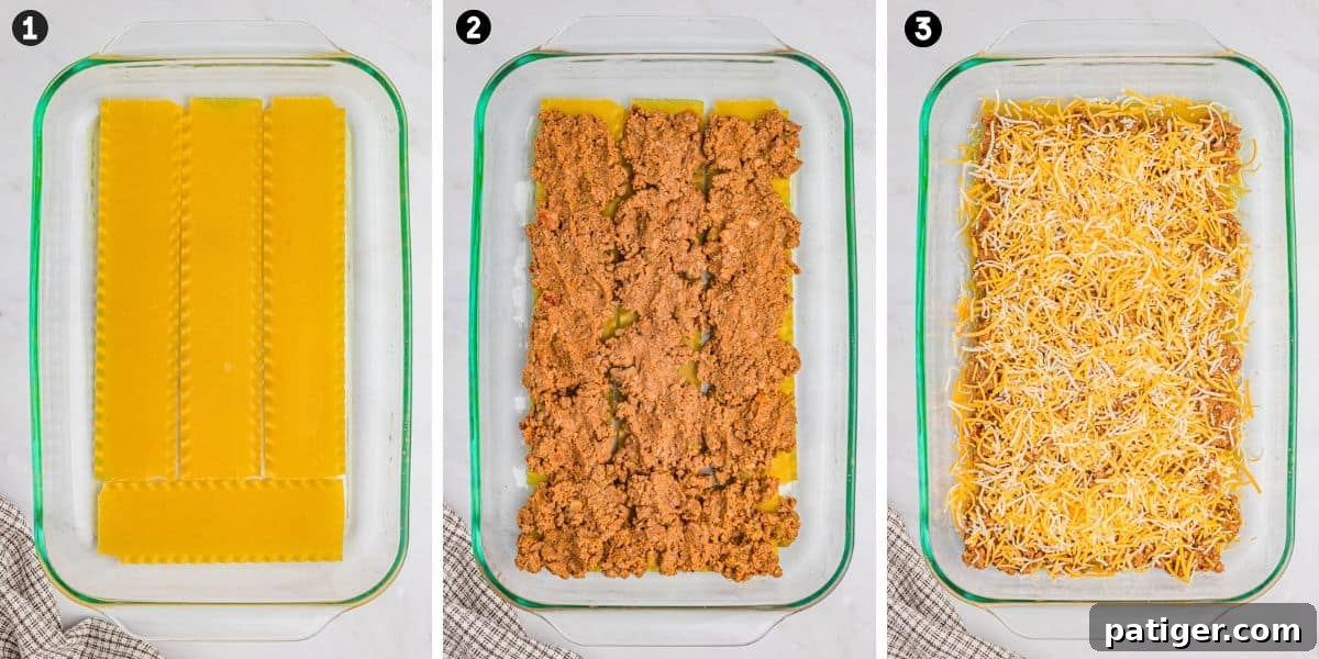 A three-step visual guide demonstrating the layering process of taco lasagna: uncooked noodles, followed by seasoned meat, and finally a generous sprinkle of cheese, repeated for multiple layers.