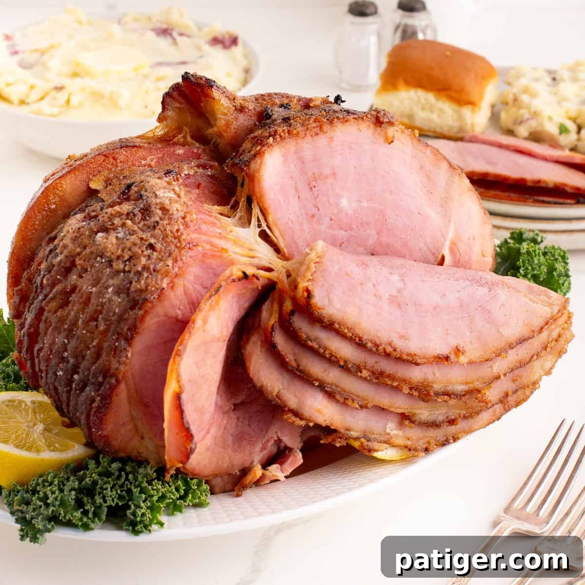 Golden Honey-Glazed Spiral Ham 2 Close-up of sliced spiral honey baked ham on a platter with sides in the background.