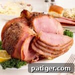 Close-up of sliced spiral honey baked ham on a platter with sides in the background.