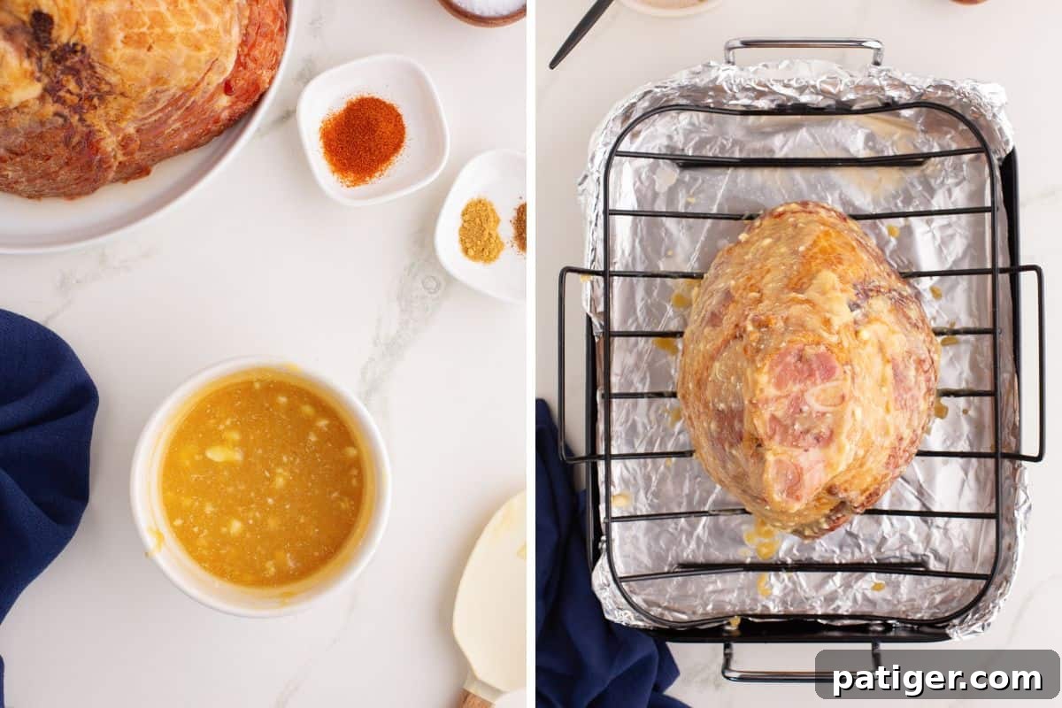 Golden Honey-Glazed Spiral Ham 5 Honey butter glaze on the left, unglazed ham in roasting pan with rack on the right.
