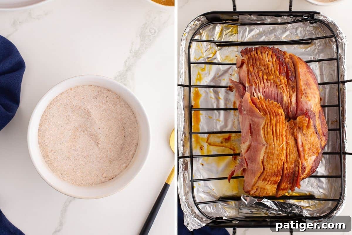 Golden Honey-Glazed Spiral Ham 6 On the left, the finely blended sugar spice rub in a small bowl. On the right, a cooked spiral ham rests in a foil-lined roasting pan with visible pan drippings beneath it, ready for seasoning.