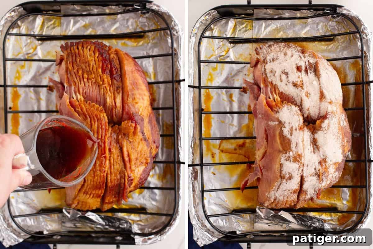 Golden Honey-Glazed Spiral Ham 7 On the left, pan drippings are poured over cooked spiral ham in a roasting pan. On the right, the same ham is covered with a sugar spice rub.