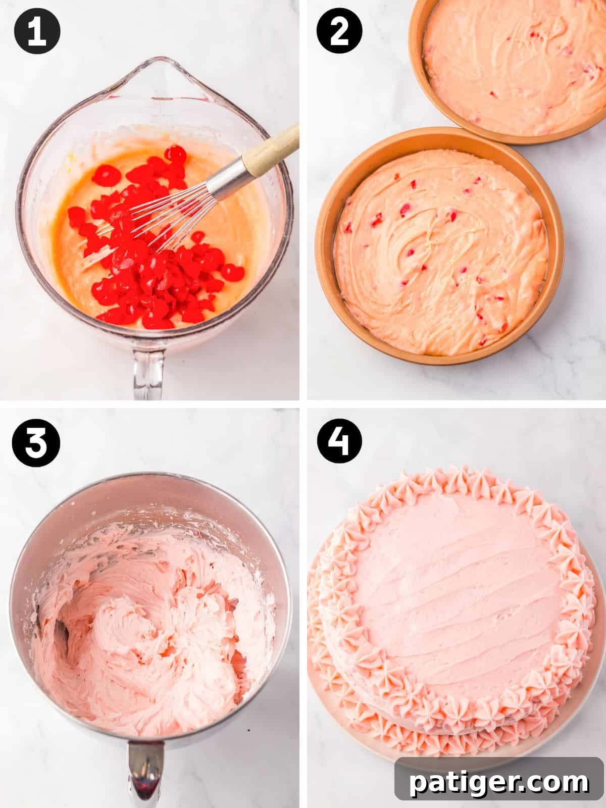 A visual collage illustrating the key stages of preparing a cherry chip cake. The first image shows finely chopped maraschino cherries being gently whisked into a creamy pink batter within a clear glass bowl. The second displays two round cake pans, perfectly filled with the cherry-speckled, vibrant pink batter, ready for baking. The third picture captures the moment soft pink frosting is being vigorously whipped to a fluffy consistency in a shiny metal bowl. Finally, the fourth image proudly presents the fully assembled and frosted two-layer cherry chip cake, beautifully complete.