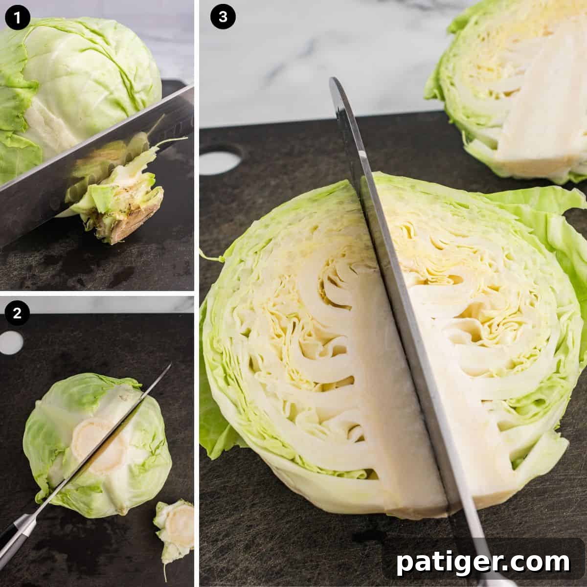 Caramelized Cabbage Bites 5 A three-step photo collage illustrating the precise technique to slice cabbage into perfect wedges: first, carefully removing the rough stem base; second, cutting the entire cabbage head in half cleanly through the core; and finally, slicing each half into quarters, ensuring the core remains intact with each wedge.