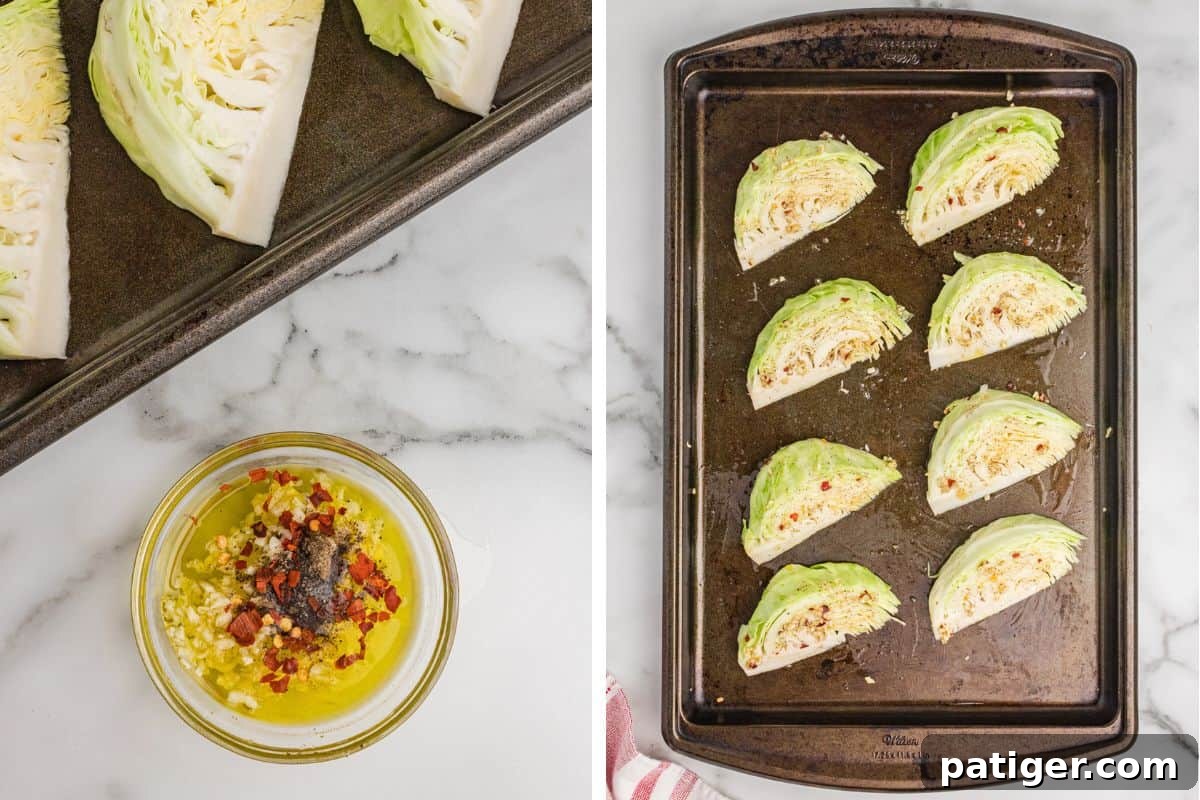 Caramelized Cabbage Bites 6 A two-photo collage showcasing the preparation of cabbage wedges for roasting: The first image displays the process of combining garlic, olive oil, and seasonings in a small bowl, while the second image shows eight perfectly seasoned cabbage wedges meticulously arranged in a single layer on a baking sheet, ready to be roasted.
