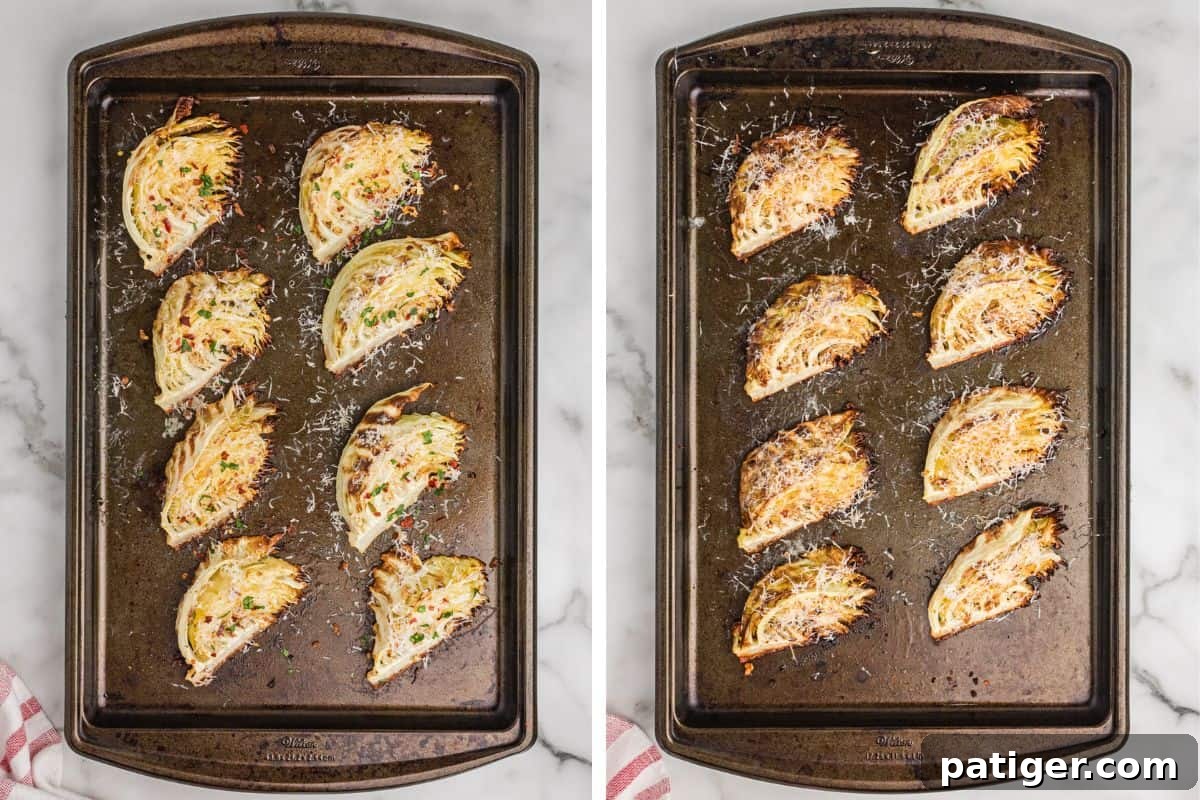 Caramelized Cabbage Bites 7 Side-by-side images showcasing the transformation of cabbage wedges on a baking sheet: The first image captures them after the initial roasting, followed by a generous topping of Parmesan cheese. The second image reveals the final result, with the cheese melted, golden-brown, and the cabbage edges perfectly caramelized.