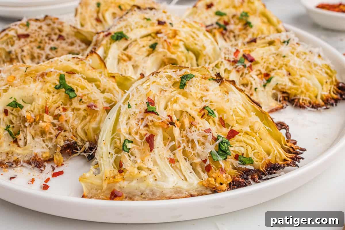 Caramelized Cabbage Bites 10 A close-up view of exquisite roasted garlic parmesan cabbage wedges presented on a white plate, showcasing their perfectly golden-brown edges, topped with a generous sprinkle of shredded parmesan, fresh green parsley, and a touch of red pepper flakes for vibrant color and flavor.