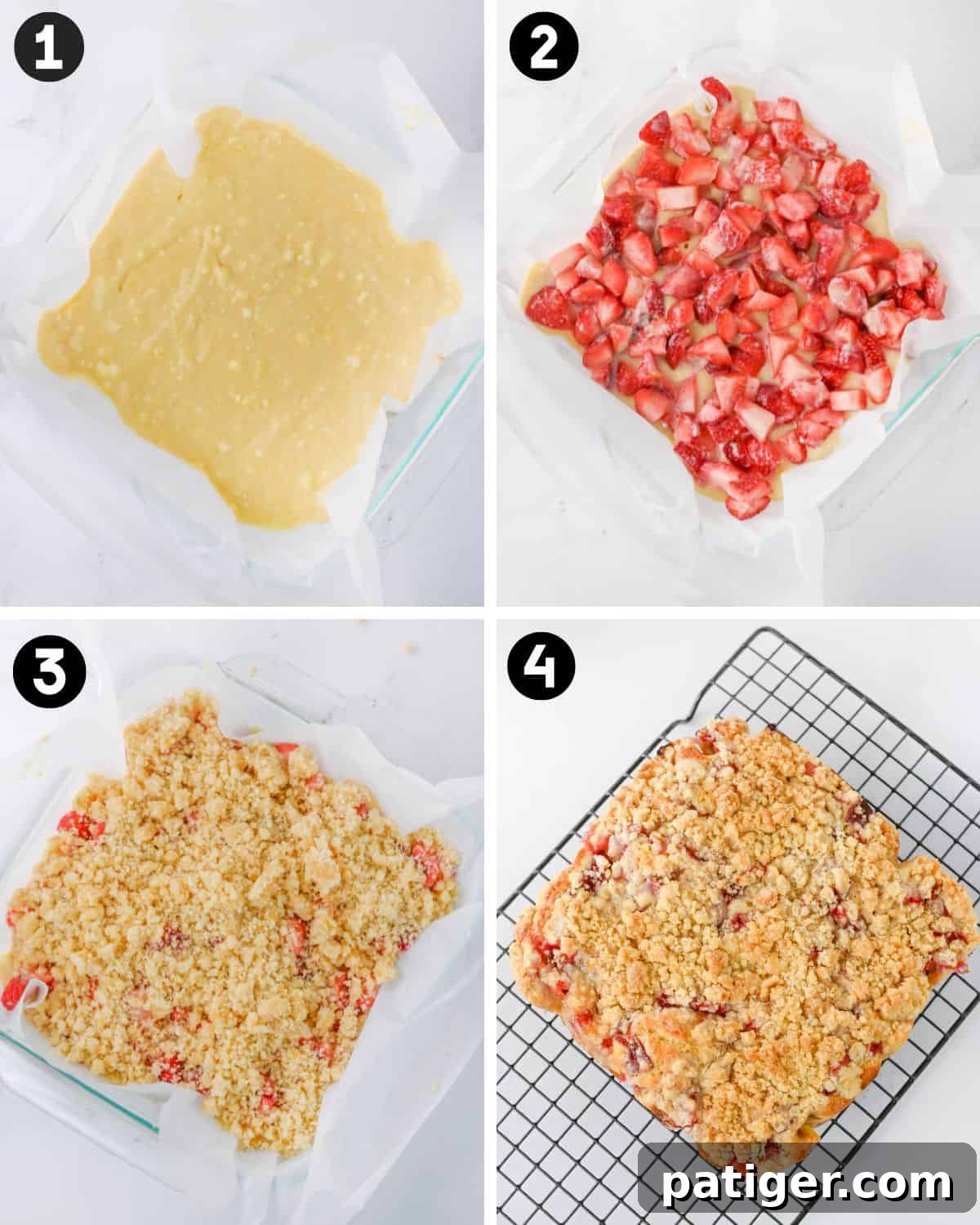 Scrumptious Strawberry Crumb Cake 6 A visual collage illustrating the four key stages of preparing and baking a strawberry crumb cake. Image 1 shows the smooth yellow cake batter spread in a parchment-lined dish. Image 2 features a vibrant layer of chopped strawberries meticulously arranged over the batter. Image 3 displays the golden crumb topping evenly sprinkled across the strawberries. Image 4 captures the final baked cake with a rich golden-brown crumb, cooling on a wire rack, ready to be sliced and served.