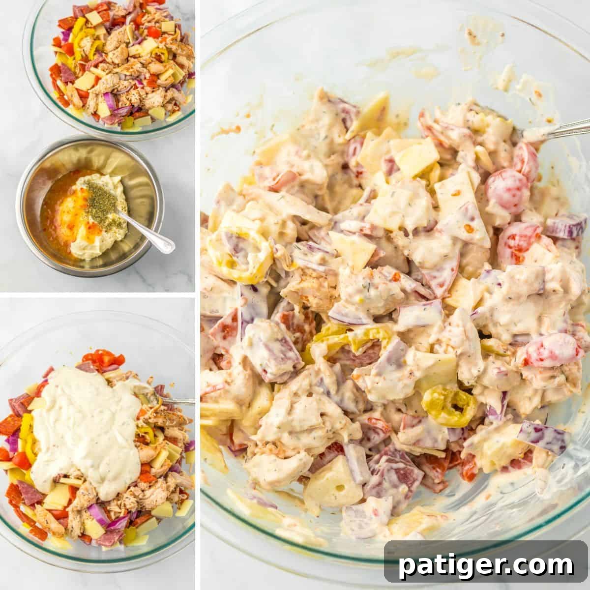 A collage pin with four images showing the steps of making Italian hoagie chicken salad: ingredients in bowls, the dressing being mixed, and the final creamy mixture in glass bowl