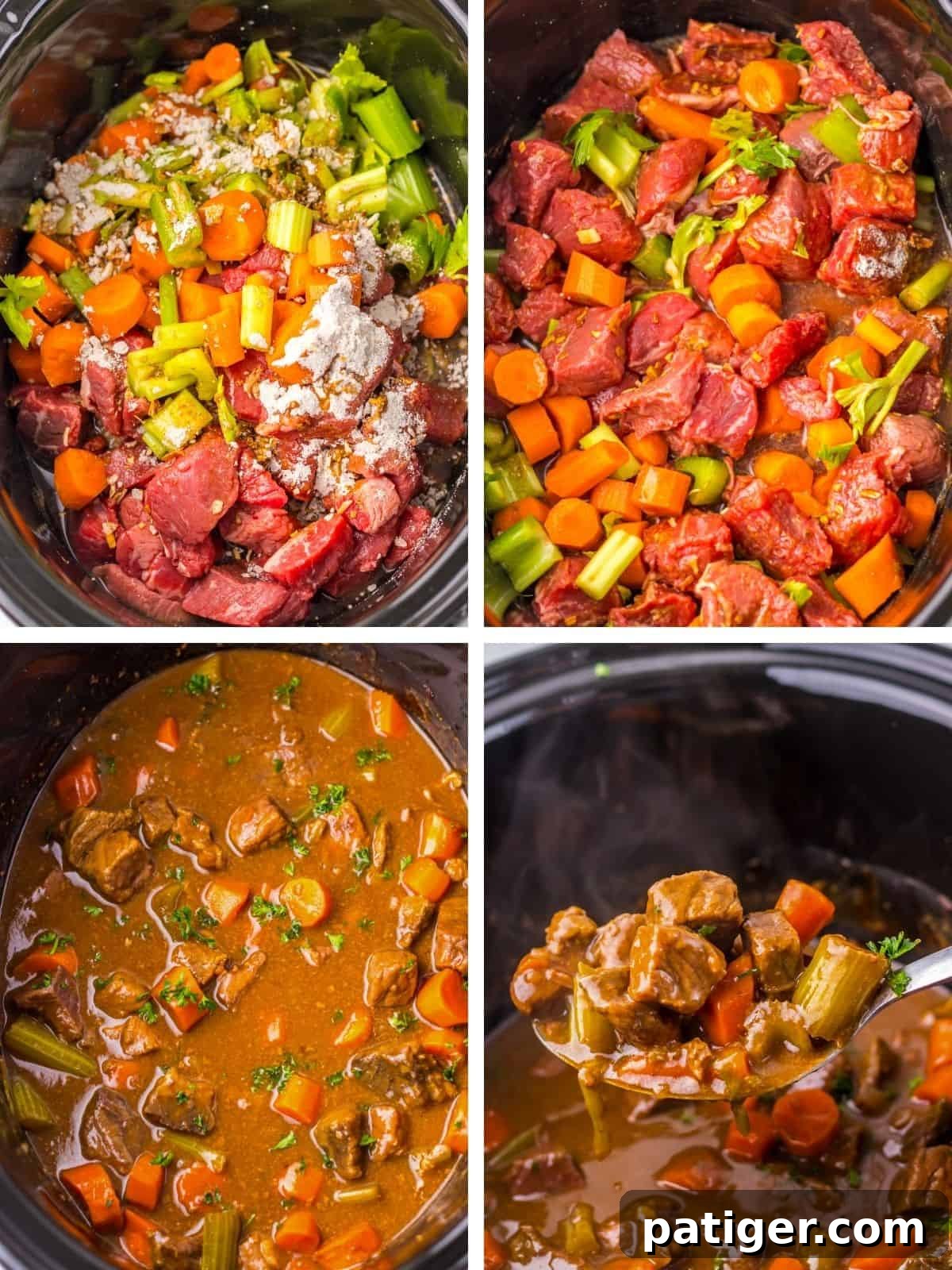 Collage of four images showing stages of crockpot pot roast preparation: raw stew beef, carrots, celery, and dry mixes in the slow cooker; ingredients stirred together; pot roast fully cooked in thick gravy; and a close-up of a spoon lifting a serving with beef, carrots, and celery.