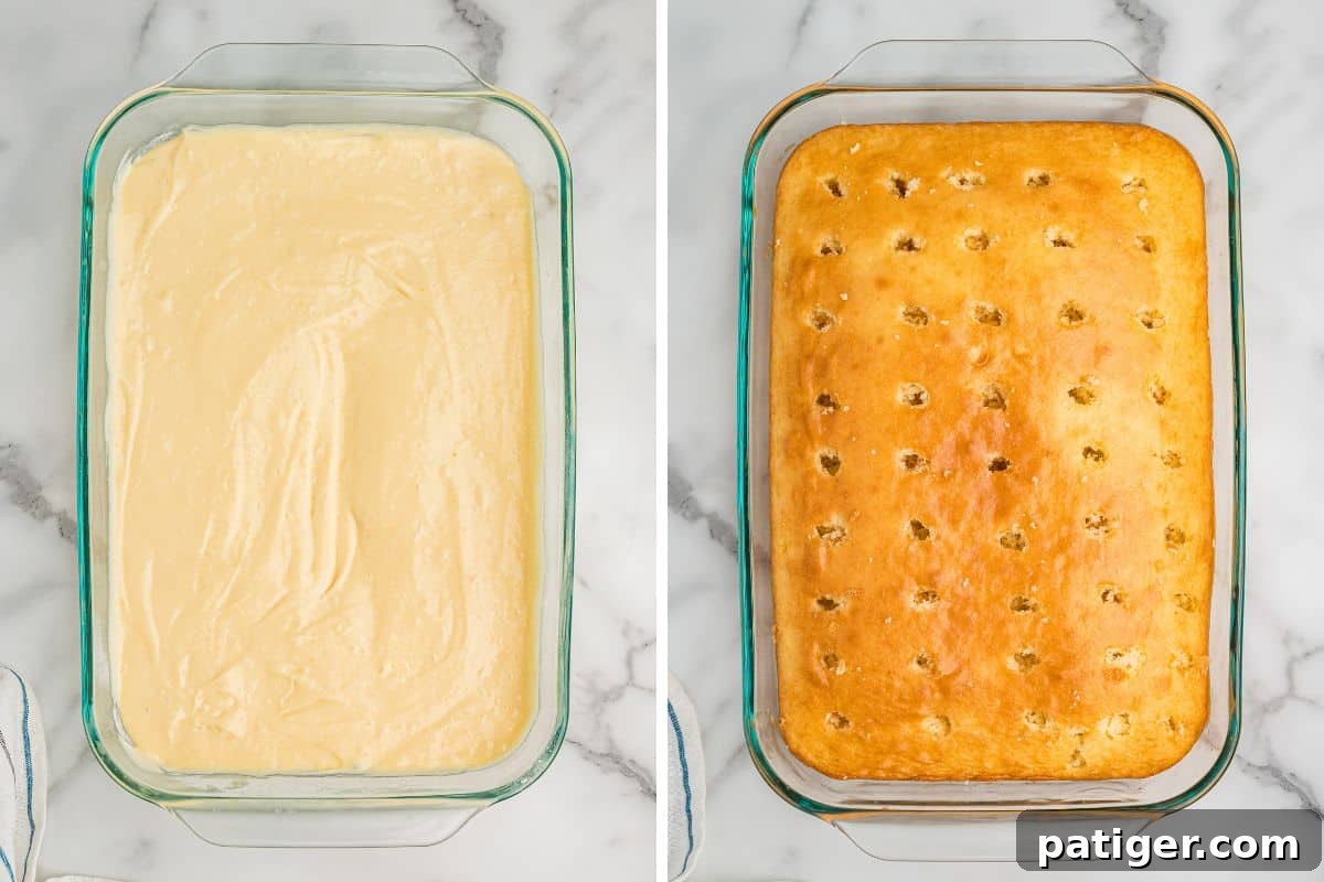 Tropical Coconut Poke Cake 4 Side-by-side image showing the coconut poke cake process: the left side displays the raw batter in a glass baking dish, and the right side shows the baked cake with evenly spaced holes poked on top, about 1-2 inchese apart.