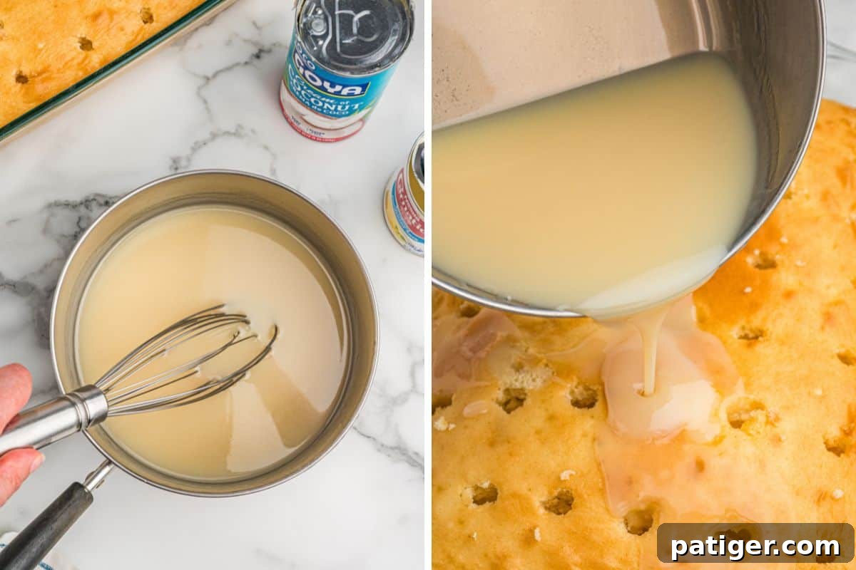 Tropical Coconut Poke Cake 5 Mixing and pouring coconut milk mixture into the cake.