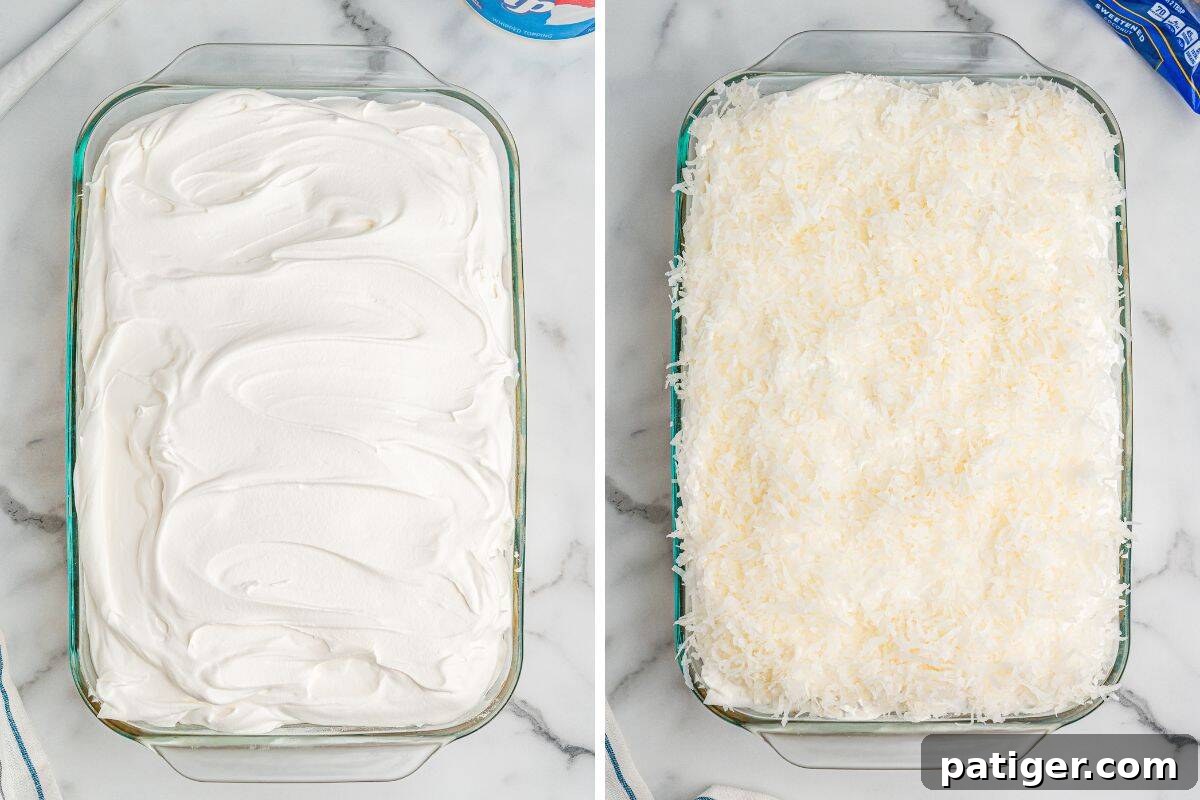 Tropical Coconut Poke Cake 6 Side-by-side image of a coconut cream poke cake in a glass baking dish; the left side shows it freshly spread with whipped topping, and the right side shows it fully topped with shredded coconut.