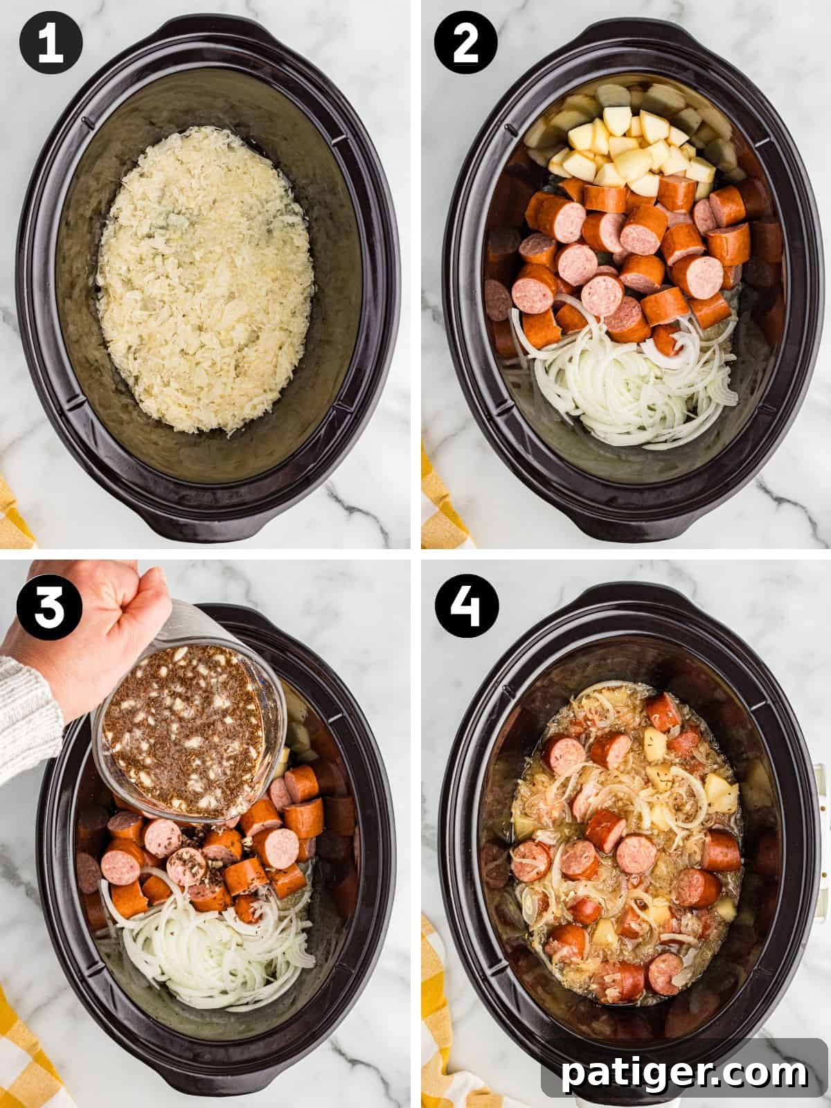 A four-step collage demonstrates the preparation of kielbasa and sauerkraut in a black slow cooker. In step one, sauerkraut is spread evenly across the bottom of the crockpot. Step two shows sliced kielbasa, thinly sliced onion, and diced apple layered on top of the sauerkraut. In step three, a hand is pouring a brown liquid mixture with visible seasonings over the contents. Step four shows the final cooked dish, with the kielbasa, sauerkraut, onions, and apples fully mixed and simmered together.