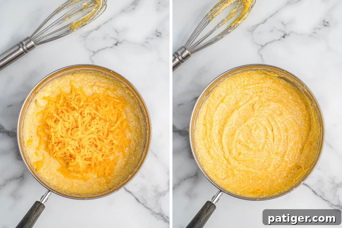 Loaded Cheesy Shrimp Grits 5 Side-by-side images showing cheesy grits in a saucepan before and after mixing.